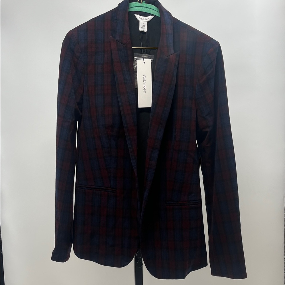 Calvin Klein Navy and Burgundy Plaid Blazer